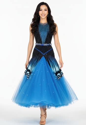 Alyne Ballroom Dress - front view - Elegant blue and black ballroom gown with crystal details.