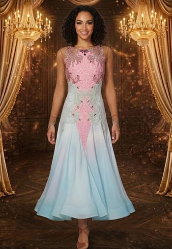 Blush Horizon ballroom gown — front view - Standard/Smooth gown in ombre from delicate white to rich light blue, featuring a sheer mesh bodice with diagonal rows of silver and AB crystal stoning.