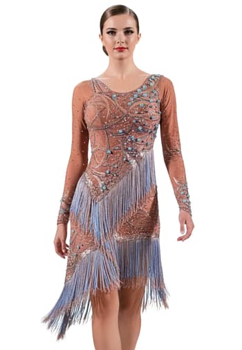 Devi Latin dress — front view — nude mesh with gold appliqué, baby blue pearls, and layered blue fringe