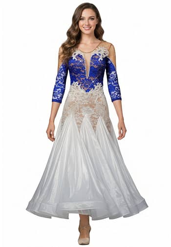 Galene ballroom gown — front view — Standard gown with white taffeta skirt and a bodice featuring deep blue crystal-encrusted lace over nude mesh, accented with large white lace appliqués and pearl fringe.