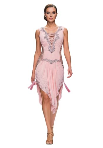 Joni Latin dress — front view — pleated peach fabric with lace-up plunge, crystal accents, and tassels