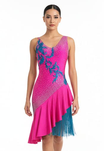 Nuna Latin dress — front view — vibrant fuchsia with diagonal ruffle, blue embroidered appliqué, and crystal snowfall