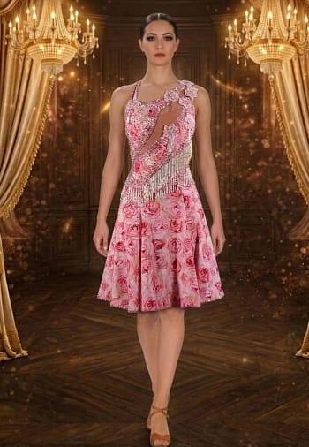 Radiant Tempo Latin Dress – in mannequin – pink rose print with crystal fringe bodice and asymmetrical cut-out detail