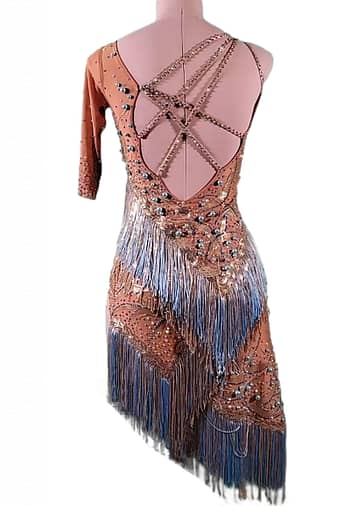 Devi Latin dress — back view — open back with crisscross straps over nude mesh and multi-tone fringe