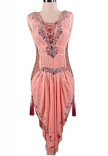 Joni Latin dress — bodice detail — close-up of pleated bust, crystal V-neck trim, and central lace-up detail