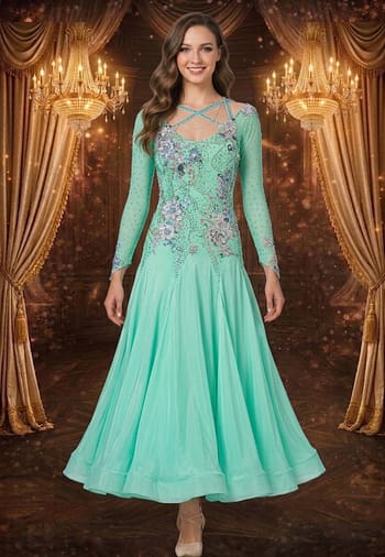 Ocean Whisper ballroom dress — front view — long-sleeve, mint green Standard dress featuring a stunning crystal criss-cross neckline and floral appliqué on the bodice.