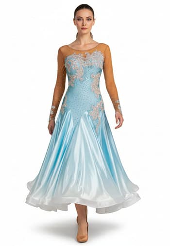 Bluesky Ballroom Dress – front view – sky-blue satin skirt with nude mesh sleeves, crystal embellishments, and flowing ballroom silhouette.