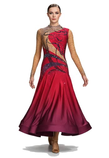 Gemma Ballroom Dress - front view - Elegant red ombré ballroom gown with crystal embellishments