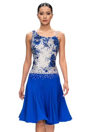 Manon Latin dress — front view — white bodice with blue floral appliqué and royal blue skirt