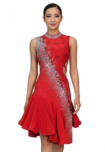 Nala Latin Dress — front view — model in a vibrant red Latin dress with a high collar and diagonal 'Milky Way' crystal design