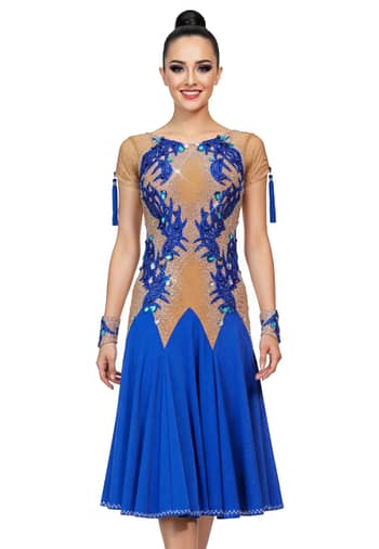 Narnia Latin Dress - front view - Blue and nude Latin ballroom dress with tassel accents