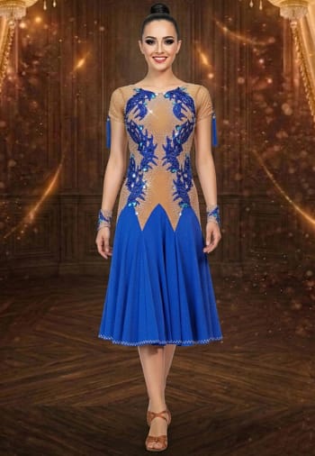 Royal Flow Latin Dress - front view - Blue and nude Latin ballroom dress with tassel accents