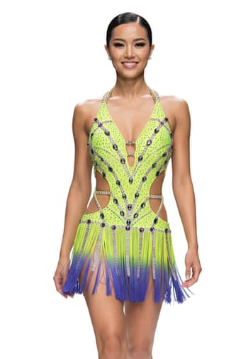 Sunshine Latin dress — front view — neon yellow halter with cutouts and purple ombre fringe skirt