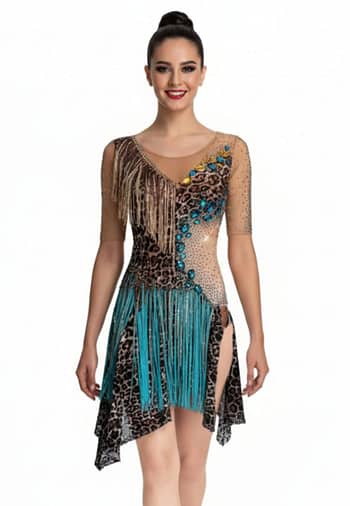 Tiger Latin Dress — front view — model in leopard print dress with turquoise fringe, gold fringe, and blue crystal detail