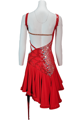 Nala Latin Dress — back view — mannequin displaying a low scoop back, intricate crystal pattern, and a flowing tail detail