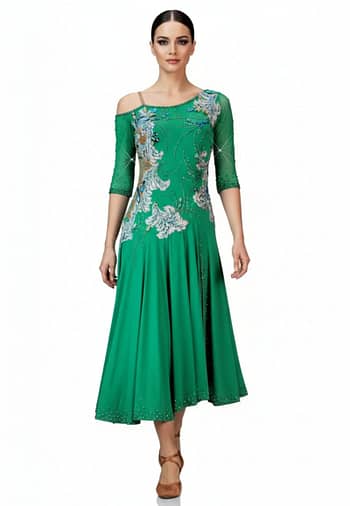 Carmen Latin dress — front view — Bright emerald green Latin dress with three-quarter length sheer sleeves, an off-the-shoulder strap detail, and a heavily stoned bodice with flowing white and blue floral appliqués.