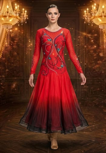 Ember Waltz ballroom gown — front view — red bodice with crystal swirls and ombré red-to-black skirt