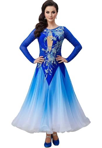 Zinnia ballroom gown — front view — royal blue Standard dress with an illusion deep-V neckline and detailed silver appliqué extending down the bodice.