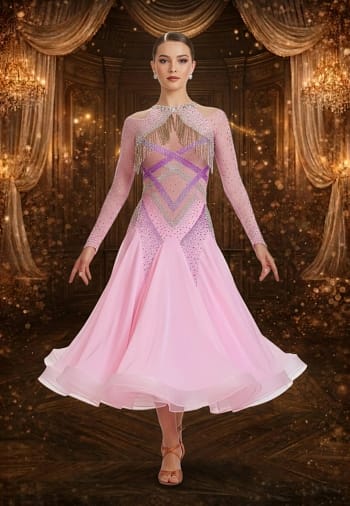 Blush Momentum ballroom gown — front view — Long-sleeved, pale pink Standard gown with a sheer mesh yoke, detailed geometric stoning in purple and AB crystals, and silver beaded fringe across the chest and shoulders.
