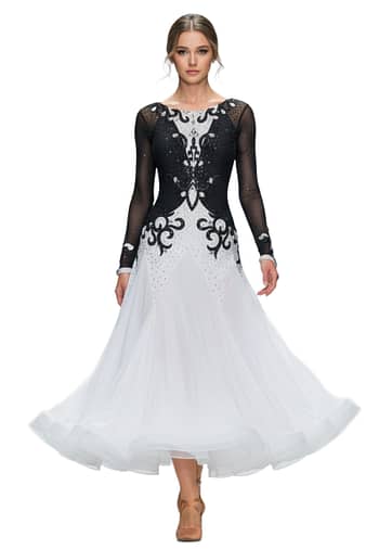 Lauren ballroom gown — front view — long sheer black sleeves, intricate crystal work on the bodice, and voluminous white skirt.