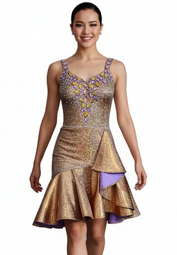 Lily Latin Dress — front view — model in shimmering gold dress with purple and yellow crystal embellishment and lace-up bodice detail