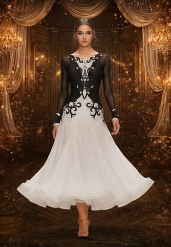 Midnight Elegance ballroom gown — front view — long sheer black sleeves, intricate crystal work on the bodice, and voluminous white skirt.