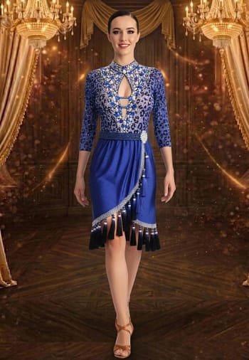 Midnight Lace Latin Dress — front view — blue satin skirt with a diagonal wrap panel, a wide, black beaded belt, and a long tassel with crystal accents.