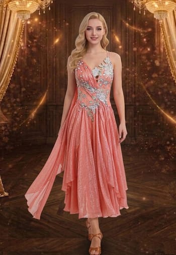 Rose Veil Ballroom Dress — front view — coral ballroom gown with floral applique and crystal embellishment