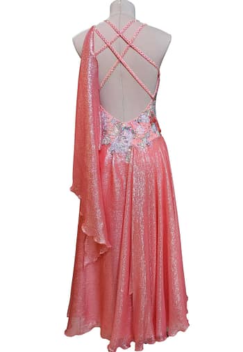 Ziva Ballroom Dress — back view — strappy back design with draped scarf and crystal accents