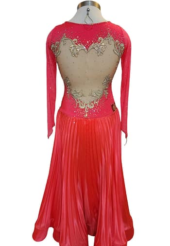 Cory ballroom gown — back view — illusion mesh back with gold appliqué detailing