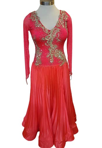 Cory ballroom gown — front view — vibrant red bodice with gold appliqué and crystal embellishment