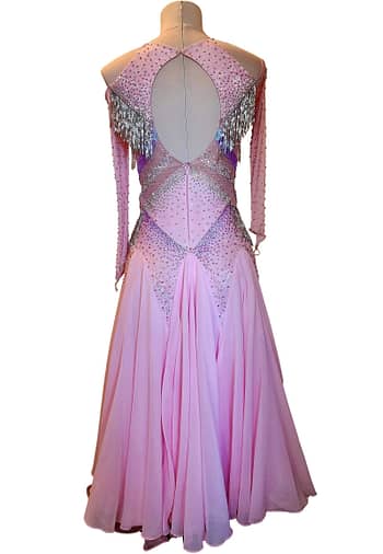 Labana ballroom gown — back view — in mannequin - open back with crystal fringe