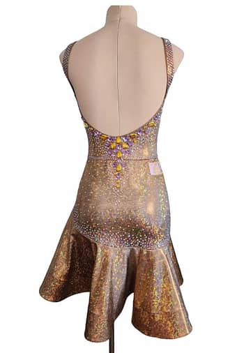 Lily Latin Dress — back view — low back scoop and cascading purple and yellow stonework