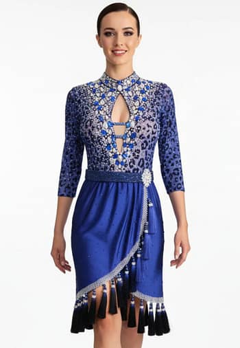 Pala Latin Dress — front view — blue satin skirt with a diagonal wrap panel, a wide, black beaded belt, and a long tassel with crystal accents.