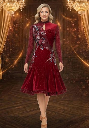 Crimson Elegance Latin dress — front view — long sleeves, pleated velvet skirt, and diagonal red appliqué embellishment.