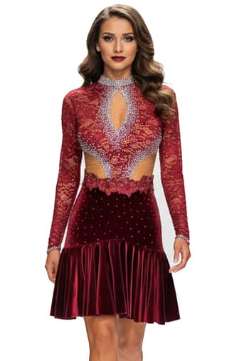 Bora Latin Dress -front view - Burgundy Latin Rhythm dress with high collar. Velvet skirt, red lace bodice with nude mesh and crystal keyhole.