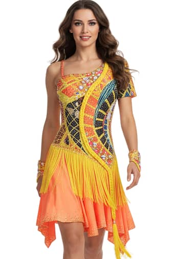 Sabrina Latin dress — front view — asymmetrical neckline with vibrant multicolor beadwork and yellow fringe