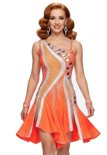 Sola Latin dress — front view — orange asymmetrical dress with silver and nude mesh panels and crystal detailing
