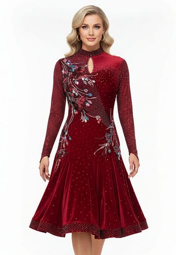 Talia Latin dress — front view — long sleeves, pleated velvet skirt, and diagonal red appliqué embellishment.