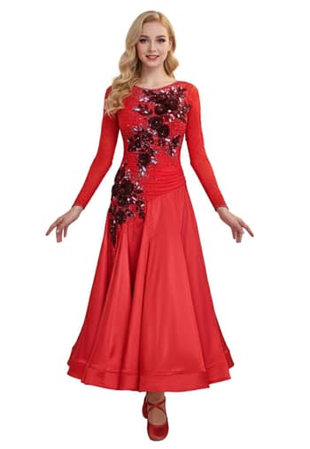 Brielle ballroom gown — front view — red satin gown with 3D floral appliqués and crystal stoning