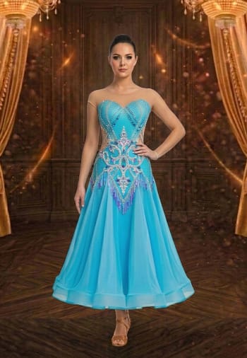 Azure Radiance ballroom gown — front view — bright turquoise Standard dress with nude mesh neckline and long sleeves, featuring an ornate crystal and sequin motif.