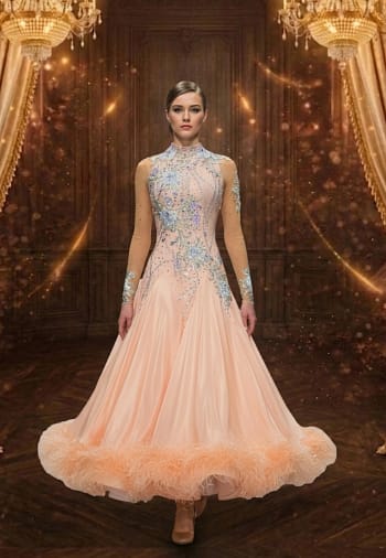 Peach Whisper ballroom gown — front view — A full-length Standard dress in soft peach with intricate floral crystal appliqué on the bodice.