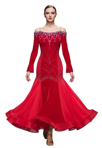 Amira Ballroom dress - front view — full-length gown with long sheer sleeves, fitted bodice, and elegant feather wrist accents.