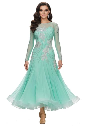 Calla Ballroom Dress - front view - Mint green color, full pleated skirt, and white lace decoration.