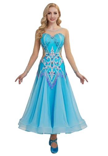 Jackie ballroom gown — front view — bright turquoise Standard dress with nude mesh neckline and long sleeves, featuring an ornate crystal and sequin motif.