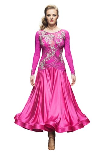 Juno Ballroom gown — front view — vibrant pink fabric with silver appliqué and abundant crystal stoning