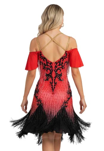 Nyla Latin Dress — back view — red off-shoulder design, criss-cross gold straps, and black swirl appliqué.