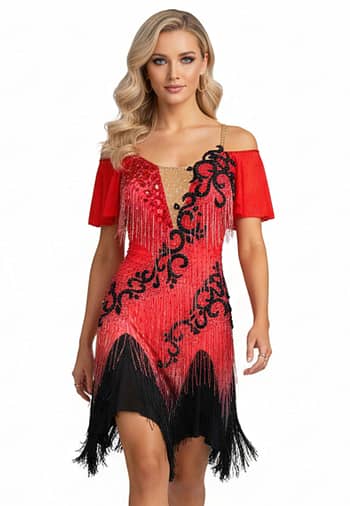Nyla Latin Dress -front view - Vibrant red Latin dance dress with bold black scrollwork appliqué. Features beaded fringe and rhinestone V-neck.