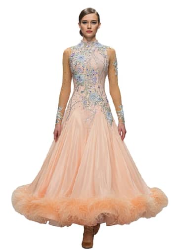 Peach ballroom gown — front view — A full-length Standard dress in soft peach with intricate floral crystal appliqué on the bodice.