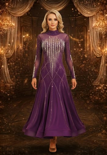 Royal Amethyst Ballroom Dress - front view — long V-neck mesh with vertical crystal bodice, long skirt panels.